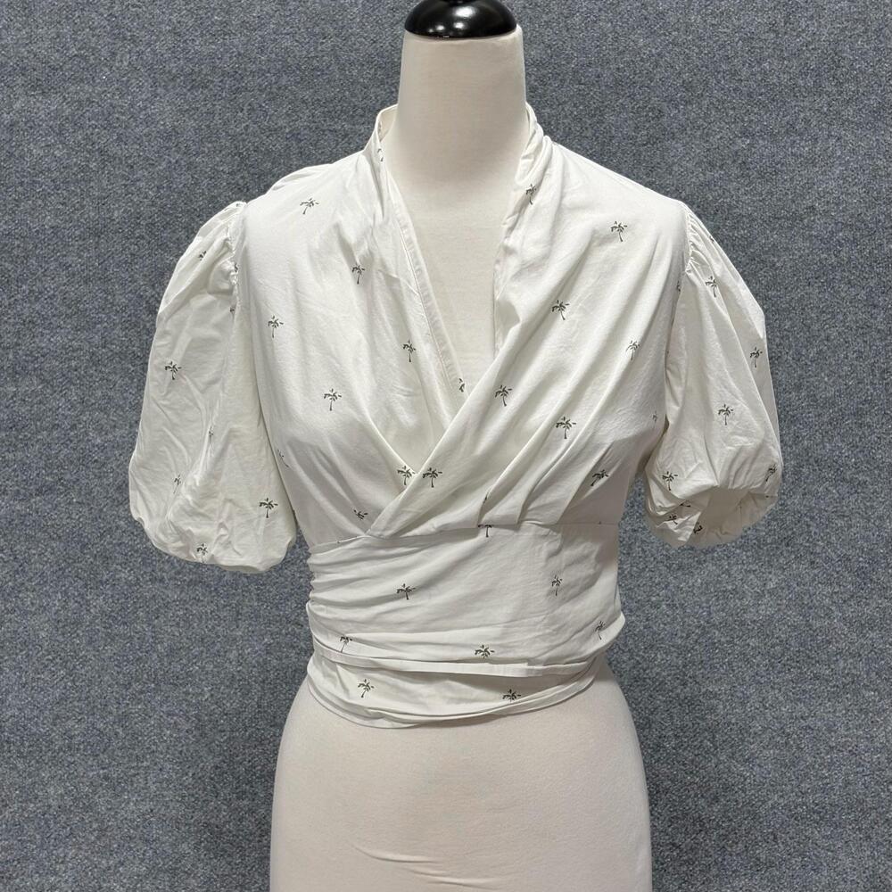 Munthe Blouse Womens 36 White Goldie Palm Print Wrap Puff Sleeve Tie Top V Neck